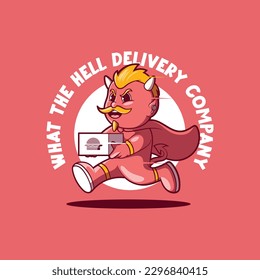 Devil Character running with a food package vector illustration. Delivery, food, brand design concept.