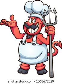 Devil chef with hat and trident. Vector clip art illustration with simple gradients. All in a single layer.
