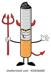 Devil Cigarette Cartoon Mascot Character Welcoming And Holding A Trident. Vector Illustration Isolated On White Background