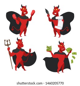 Devil in cloak with horns and tail red skin demon isolated icons vector broken heart and soul contract signing trident and money dollar bills and angry face creature from hell sins and evil deeds