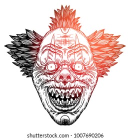 Devil clown head illustration. Nightmare inspired satanic influence clown face with mohawk, dark twist face gesture. Possessed by demon smiling mascot. Blackwork adult flesh tattoo concept. Vector.