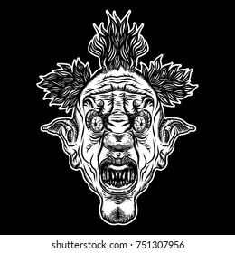 Devil clown head illustration. Nightmare inspired satanic influence clown face with mohawk, dark twist face gesture. Possessed by demon smiling mascot. Blackwork adult flesh tattoo concept. Vector.