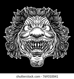Devil clown head illustration. Nightmare inspired satanic influence clown face with mohawk, dark twist face gesture. Possessed by demon smiling mascot. Blackwork adult flesh tattoo concept. Vector.