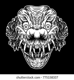 Devil clown head illustration. Nightmare inspired satanic influence clown face with mohawk, dark twist face gesture. Possessed by demon smiling mascot. Blackwork adult flesh tattoo concept. Vector.