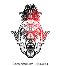 Devil clown head illustration. Nightmare inspired satanic influence clown face with mohawk, dark twist face gesture. Possessed by demon smiling mascot. Blackwork adult flesh tattoo concept. Vector.