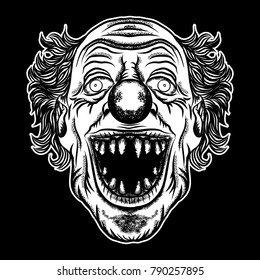 Devil clown head illustration. Nightmare inspired satanic influence clown face with mohawk, dark twist face gesture. Possessed by demon smiling mascot. Blackwork adult flesh tattoo concept. Vector.