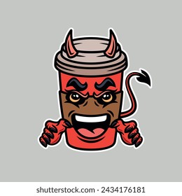 Devil coffee paper cup cartoon character vector illustration in colored style