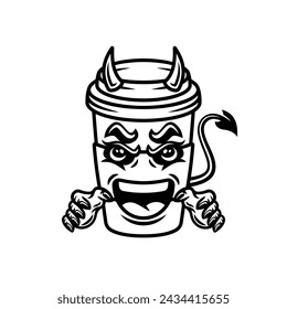 Devil coffee paper cup cartoon character vector illustration in black monochrome style on white background
