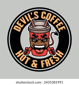 Devil coffee paper cup mascot vector round emblem, badge, label or print design in colored style on grey background