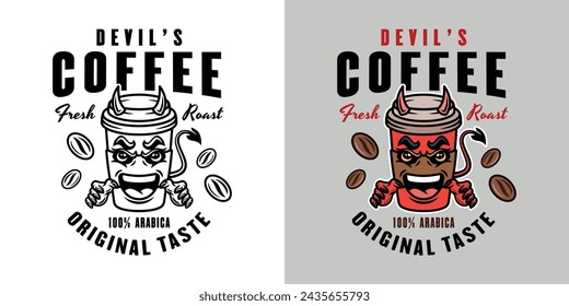 Devil coffee paper cup mascot vector emblem, badge, label or print design in two styles, black on white and colorful