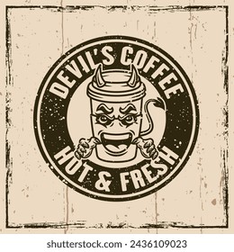 Devil coffee paper cup mascot vector emblem, badge, label or print. llustration on background with grunge textures and frame