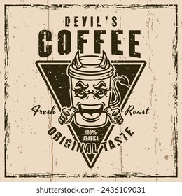 Devil coffee paper cup mascot vector emblem, badge, label or print. llustration on background with grunge textures and frame