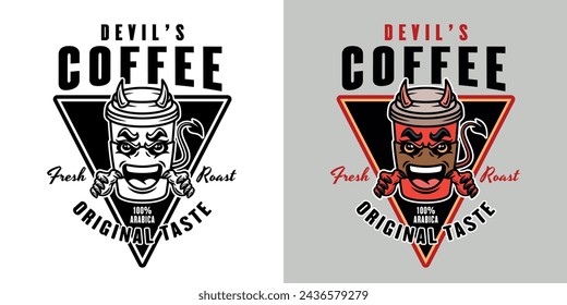 Devil coffee paper cup mascot vector emblem, badge, label or print design in two styles, black on white and colorful