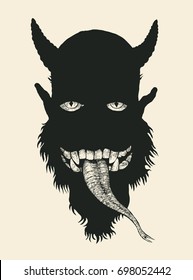 Devil. Comic Character. Eyes, Teeth, Snake Tongue On A Dark Silhouette. Design T-shirt. Vector Illustration.