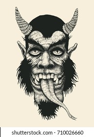 Devil. Comic character. Eyes, teeth, snake tongue on a dark silhouette. Design T-shirt. vector illustration.