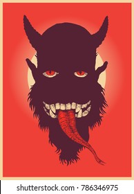 Devil. Comic character. Eyes, teeth, snake tongue on a dark silhouette. vector illustration.