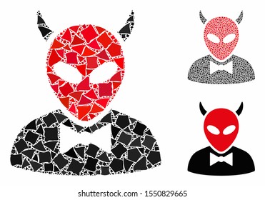 Devil composition of raggy parts in various sizes and color tints, based on devil icon. Vector irregular elements are combined into collage. Devil icons collage with dotted pattern.