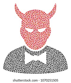 Devil composition of round dots in various sizes and color hues. Small circles are grouped into devil vector collage. Dotted vector design concept.