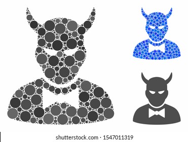 Devil composition of spheric dots in various sizes and color tones, based on devil icon. Vector random circles are combined into blue composition. Dotted devil icon in usual and blue versions.