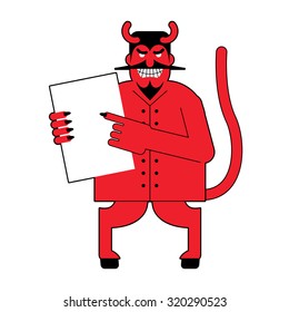 Devil and  contract.  Scary Mephistopheles offers deal to sign in blood. Red Satan with document. Horned Lucifer holds clean white sheet. Beelzebub with goat legs to sell his soul.