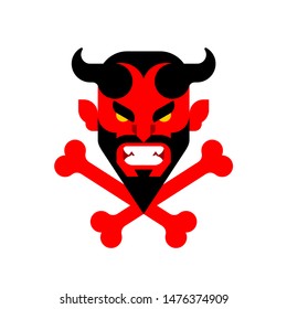 Devil and crossbones. Red demon face and bone. Satan sign