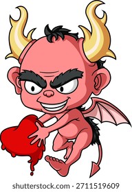 Un cupido del diablo que sostiene el corazón del amor de la ilustración