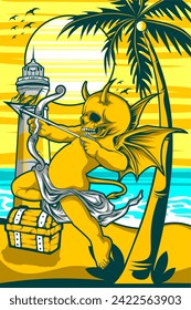 devil cupid illustration	with awesome beach background