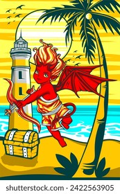 devil cupid illustration	with awesome beach background