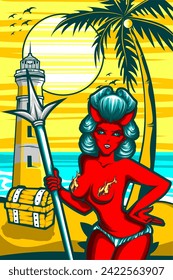 devil cupid illustration	with awesome beach background