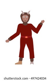 Devil in dark red dress with brown fur, horns and one hoof. Devil as a symbol of evil and symbol of slavic Christmas. Cartoon illustration in flat style isolated on white background.