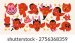 Devil demon characters stickers with evil fantasy faces and halloween horror expressions, horns fangs and spooky creature emotions, dark occult symbols and scary cartoon monsters for halloween mood