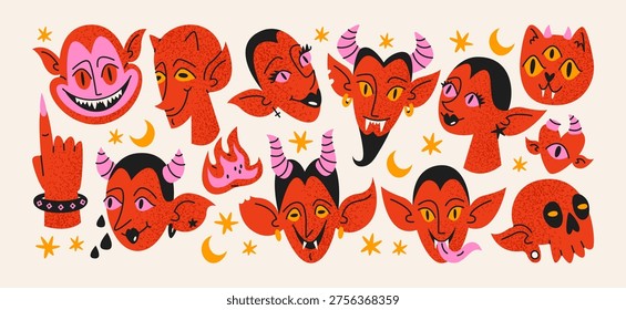 Pegatinas de personajes de demonios diabólicos con caras de fantasía malvadas y expresiones de horror de halloween, cuernos, colmillos y emociones de criaturas espeluznantes, símbolos ocultos oscuros y monstruos de dibujos animados de miedo para el sentimiento de halloween