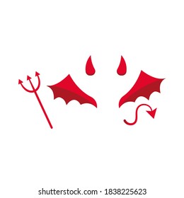 Devil or demon costume attributes icon set isolated on white background - horns, red evil wings, tail, trident sign. Flat design cartoon carnival suit vector illustration.