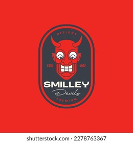devil demon evil horned smile cartoon mascot badge vintage logo design vector