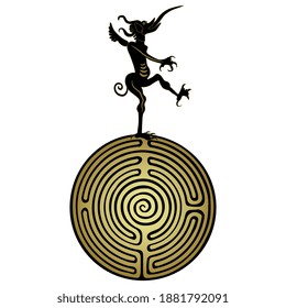 Devil or demon with long protruded tongue standing on top of gold spiral maze or labyrinth. Creative concept. Beware of evil on your path. Trickster archetype.