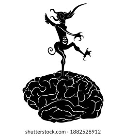 Devil or demon with long protruded tongue dancing on human brain. Creative funny concept for temptation power of evil. Black and white silhouette.