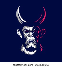 Devil demon man angry face logo. Colorful design with dark background. Abstract vector illustration. Isolated background for t-shirt, poster, clothing, merch, apparel, badge design