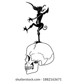 Devil or demon standing on human skull. Creative concept. Black and white silhouette.