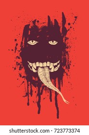 Devil. Design for poster or t-shirt print with eyes, teeth, snake tongue on a dark ink blots background. vector illustration.  