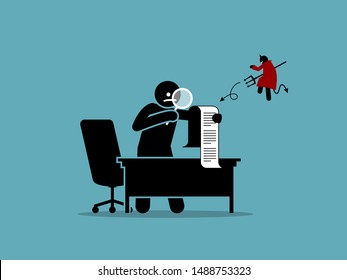 The devil is in the details. Vector artwork showing a man checking a document or agreement with a magnifying glass in details. 