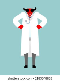 Devil doctor. Doctor Satan in white coat. Vector illustration