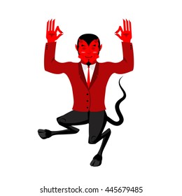 Devil does yoga. Red demon in lotus position. Happy Satan. Mefistofil prince of darkness and the underworld. Lucifer boss with horns. Religious and mythological character,  supreme spirit of evil. 