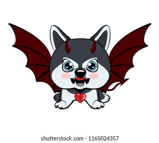 Devil Dog with horns and bat wings. dog Alaskan Kli Kai breed sitting.