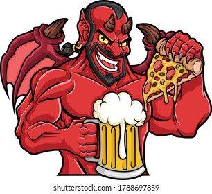 Devil drinking beer while eat Pizza Vector Illustrator