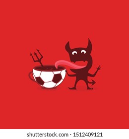 devil drinking a coffee from a soccer ball