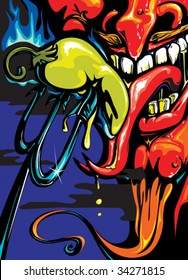 devil eating a fiery, hot pepper