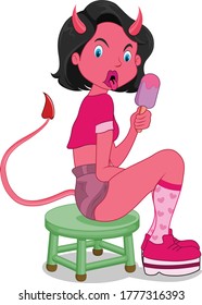 Devil eating ice-cream cartoon vector art and illustration