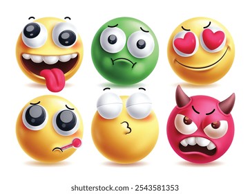 Demônio emoji clipart conjunto de caracteres vetoriais. Personagens Emojis em malcriado, doente, apaixonado, gripes, beijo e daemon expressão facial 3d clip art em fundo branco. Emoji diabo ilustração vetorial 