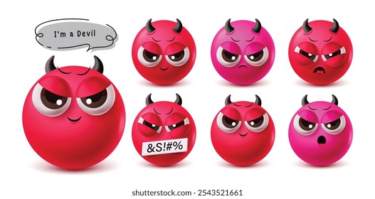 Devil Emoji Emoticon Vektorzeichensatz. Rote und lila 3D Emojis Charakter Gesichter wie Dämon, Monster, schlecht, wütend und böse Emoticon grafische Elemente. Vektorgrafik devil emojis kollektion satz