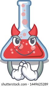 Devil erlenmeyer flask above wooden cartoon table
